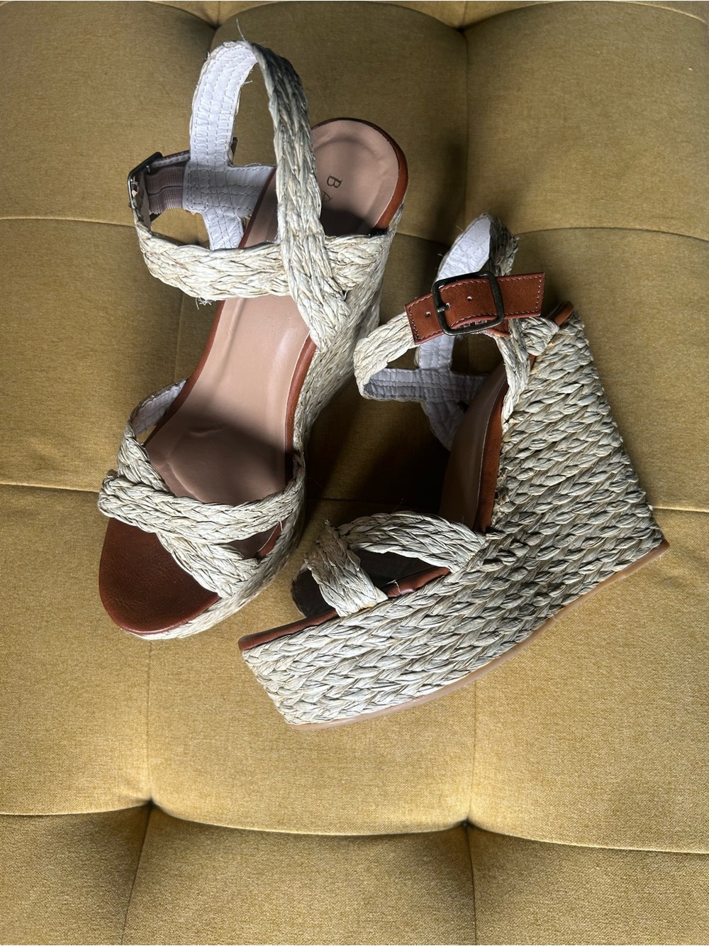 BAMBOO Natural and Brown Braided Espadrille Wedge Sandals